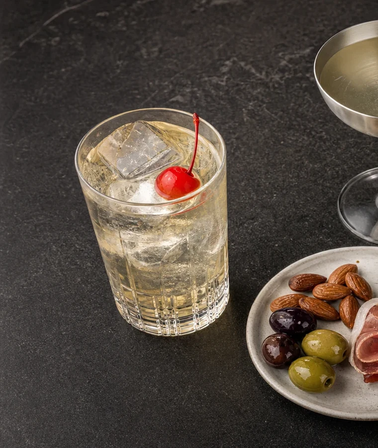Highball cocktail over a black stone bar